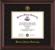 Image of Western Illinois University Diploma Frame - Mahogany Lacquer - w/Embossed Seal & Name - Black Suede on Gold mats