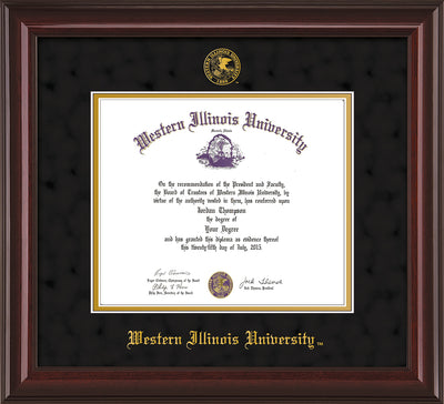 Image of Western Illinois University Diploma Frame - Mahogany Lacquer - w/Embossed Seal & Name - Black Suede on Gold mats