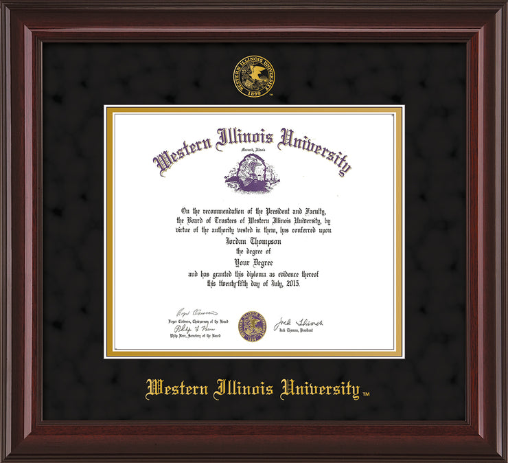 Image of Western Illinois University Diploma Frame - Mahogany Lacquer - w/Embossed Seal & Name - Black Suede on Gold mats