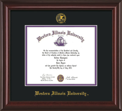 Image of Western Illinois University Diploma Frame - Mahogany Lacquer - w/Embossed Seal & Name - Black on Purple mats
