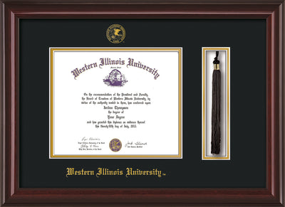 Image of Western Illinois University Diploma Frame - Mahogany Lacquer - w/Embossed Seal & Name - Tassel Holder - Black on Gold mats