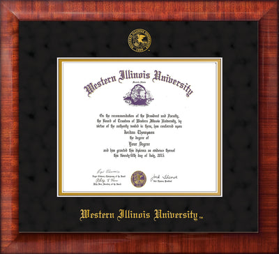 Image of Western Illinois University Diploma Frame - Mezzo Gloss - w/Embossed Seal & Name - Black Suede on Gold mats