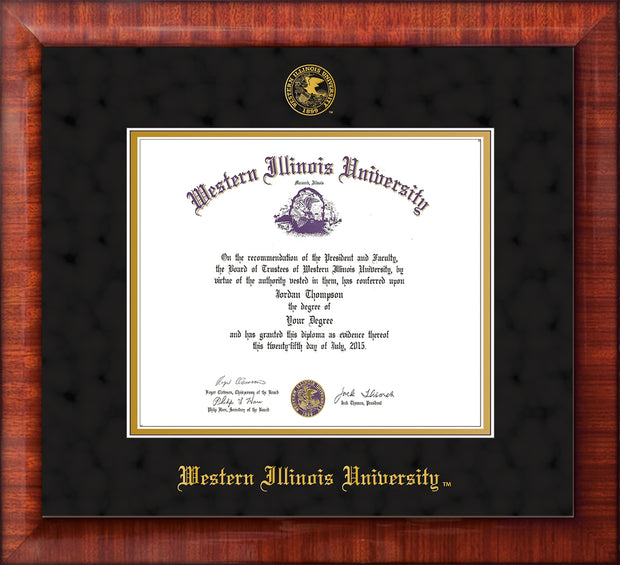 Image of Western Illinois University Diploma Frame - Mezzo Gloss - w/Embossed Seal & Name - Black Suede on Gold mats