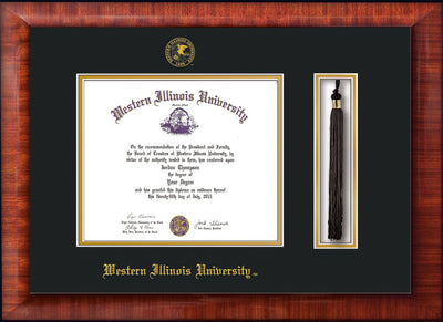 Image of Western Illinois University Diploma Frame - Mezzo Gloss - w/Embossed Seal & Name - Tassel Holder - Black on Gold mats