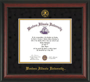 Image of Western Illinois University Diploma Frame - Rosewood - w/Embossed Seal & Name - Black Suede on Gold mats