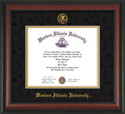 Image of Western Illinois University Diploma Frame - Rosewood - w/Embossed Seal & Name - Black Suede on Gold mats