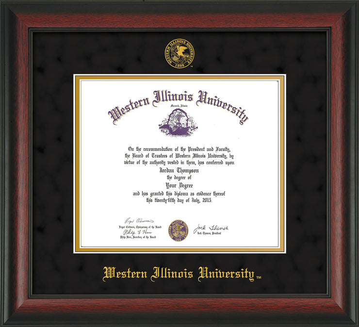 Image of Western Illinois University Diploma Frame - Rosewood - w/Embossed Seal & Name - Black Suede on Gold mats