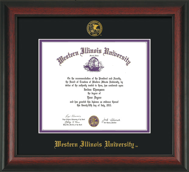Image of Western Illinois University Diploma Frame - Rosewood - w/Embossed Seal & Name - Black on Purple mats