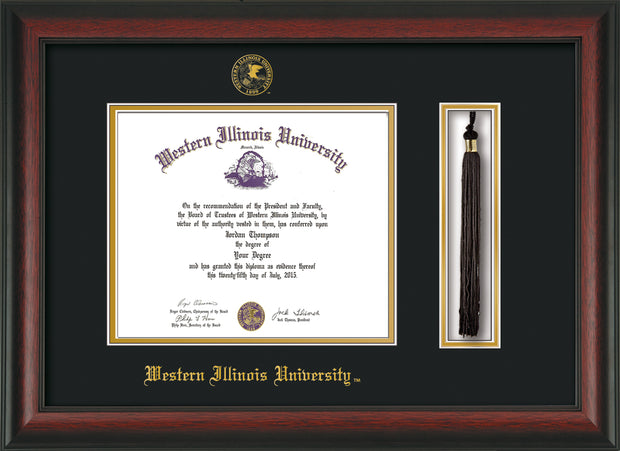 Image of Western Illinois University Diploma Frame - Rosewood - w/Embossed Seal & Name - Tassel Holder - Black on Gold mats