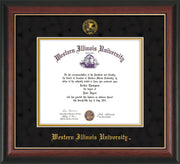 Image of Western Illinois University Diploma Frame - Rosewood w/Gold Lip - w/Embossed Seal & Name - Black Suede on Gold mats