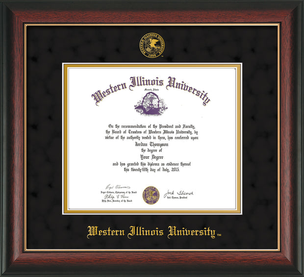 Image of Western Illinois University Diploma Frame - Rosewood w/Gold Lip - w/Embossed Seal & Name - Black Suede on Gold mats