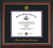 Image of Western Illinois University Diploma Frame - Rosewood w/Gold Lip - w/Embossed Seal & Name - Black on Purple mats