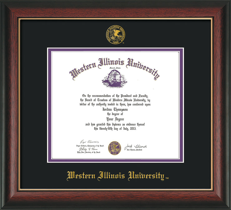 Image of Western Illinois University Diploma Frame - Rosewood w/Gold Lip - w/Embossed Seal & Name - Black on Purple mats