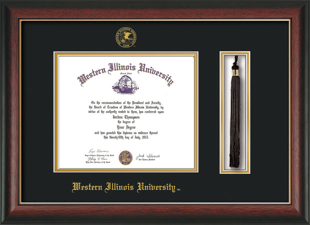 Image of Western Illinois University Diploma Frame - Rosewood w/Gold Lip - w/Embossed Seal & Name - Tassel Holder - Black on Gold mats