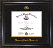 Image of Western Illinois University Diploma Frame - Vintage Black Scoop - w/Embossed Seal & Name - Black Suede on Gold mats