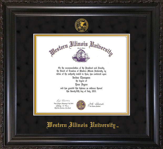 Image of Western Illinois University Diploma Frame - Vintage Black Scoop - w/Embossed Seal & Name - Black Suede on Gold mats