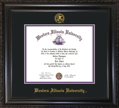 Image of Western Illinois University Diploma Frame - Vintage Black Scoop - w/Embossed Seal & Name - Black on Purple mats