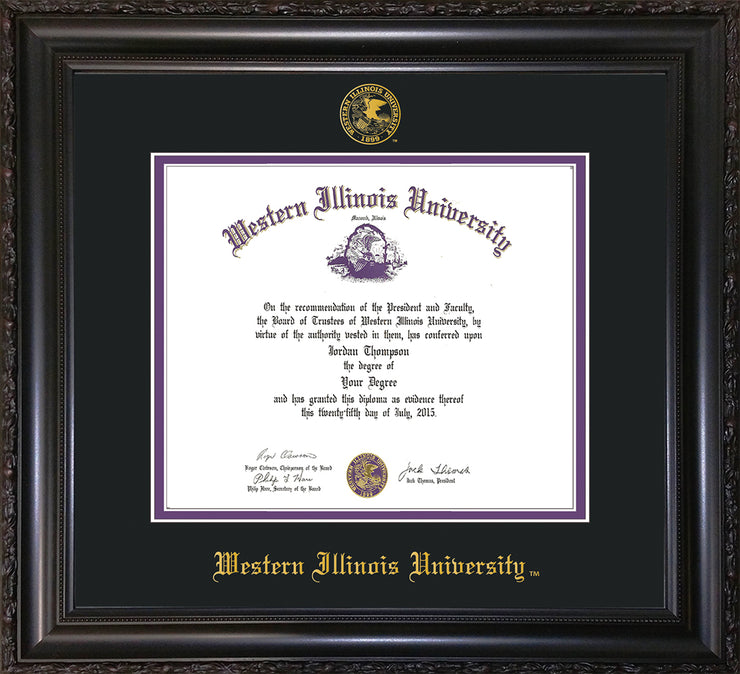 Image of Western Illinois University Diploma Frame - Vintage Black Scoop - w/Embossed Seal & Name - Black on Purple mats