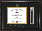 Image of Western Illinois University Diploma Frame - Vintage Black Scoop - w/Embossed Seal & Name - Tassel Holder - Black on Gold mats