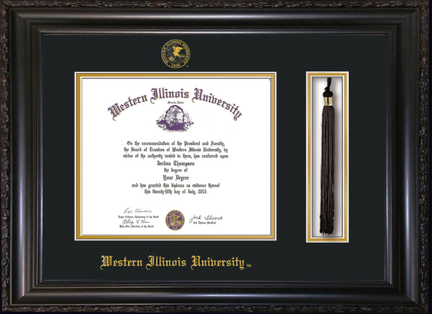 Image of Western Illinois University Diploma Frame - Vintage Black Scoop - w/Embossed Seal & Name - Tassel Holder - Black on Gold mats