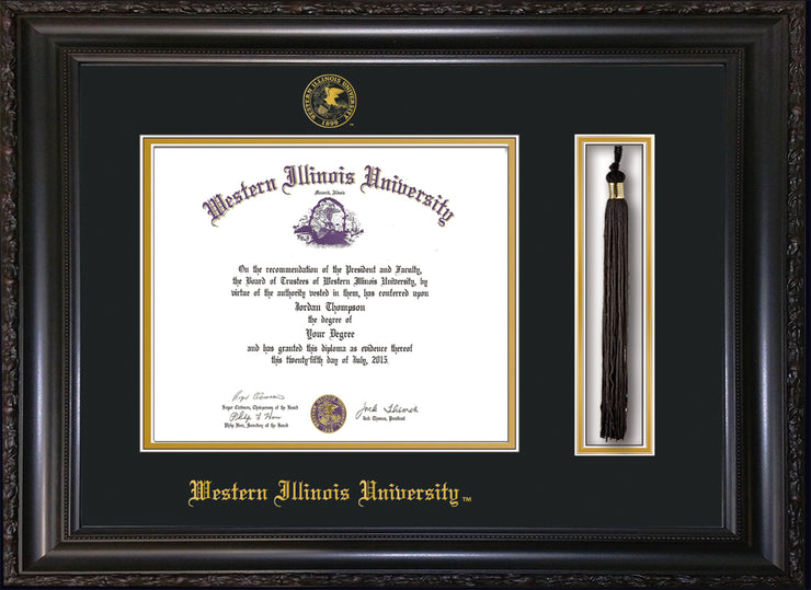 Image of Western Illinois University Diploma Frame - Vintage Black Scoop - w/Embossed Seal & Name - Tassel Holder - Black on Gold mats