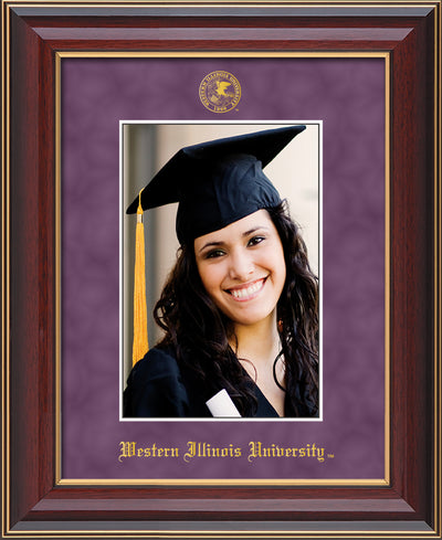 Image of Western Illinois University 5 x 7 Photo Frame - Cherry Lacquer - w/Official Embossing of WIU Seal & Name - Single Purple Suede mat