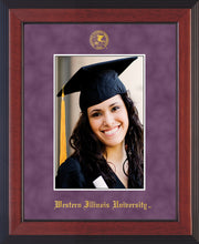 Image of Western Illinois University 5 x 7 Photo Frame - Cherry Reverse - w/Official Embossing of WIU Seal & Name - Single Purple Suede mat
