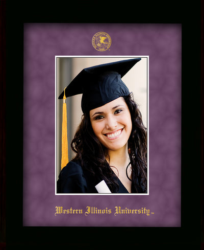 Image of Western Illinois University 5 x 7 Photo Frame - Flat Matte Black - w/Official Embossing of WIU Seal & Name - Single Purple Suede mat