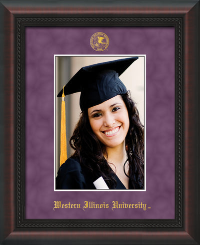 Image of Western Illinois University 5 x 7 Photo Frame - Mahogany Braid - w/Official Embossing of WIU Seal & Name - Single Purple Suede mat
