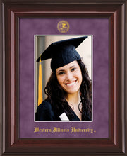 Image of Western Illinois University 5 x 7 Photo Frame - Mahogany Lacquer - w/Official Embossing of WIU Seal & Name - Single Purple Suede mat
