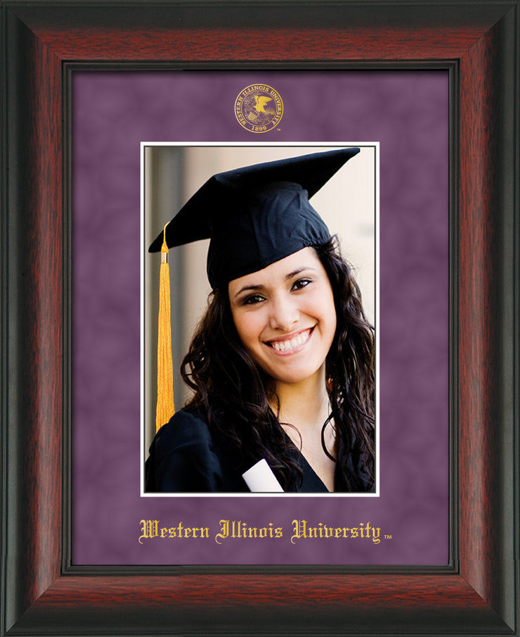 Image of Western Illinois University 5 x 7 Photo Frame - Rosewood - w/Official Embossing of WIU Seal & Name - Single Purple Suede mat