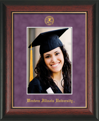 Image of Western Illinois University 5 x 7 Photo Frame - Rosewood w/Gold Lip - w/Official Embossing of WIU Seal & Name - Single Purple Suede mat