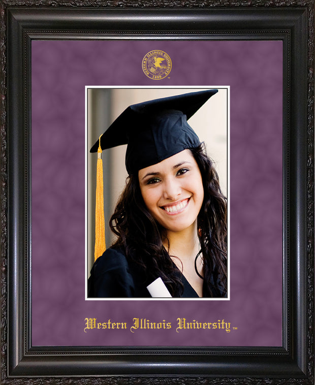 Image of Western Illinois University 5 x 7 Photo Frame - Vintage Black Scoop - w/Official Embossing of WIU Seal & Name - Single Purple Suede mat