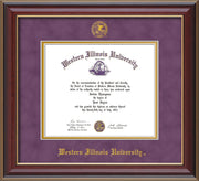 Image of Western Illinois University Diploma Frame - Cherry Lacquer - w/Embossed Seal & Name - Purple Suede on Gold mats