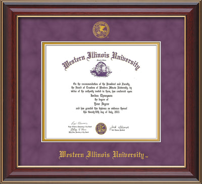 Image of Western Illinois University Diploma Frame - Cherry Lacquer - w/Embossed Seal & Name - Purple Suede on Gold mats