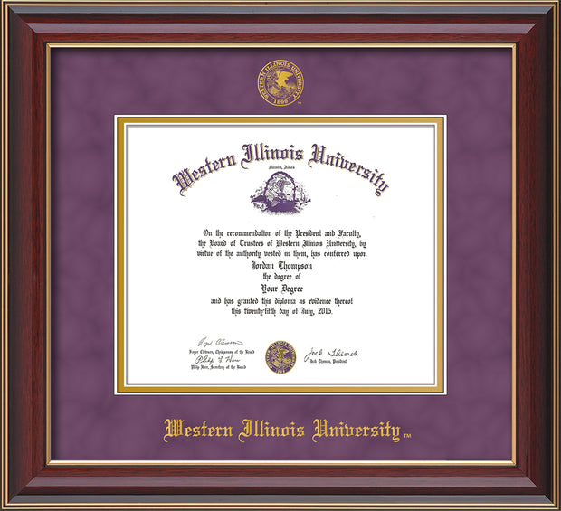 Image of Western Illinois University Diploma Frame - Cherry Lacquer - w/Embossed Seal & Name - Purple Suede on Gold mats