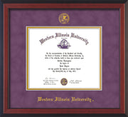 Image of Western Illinois University Diploma Frame - Cherry Reverse - w/Embossed Seal & Name - Purple Suede on Gold mats