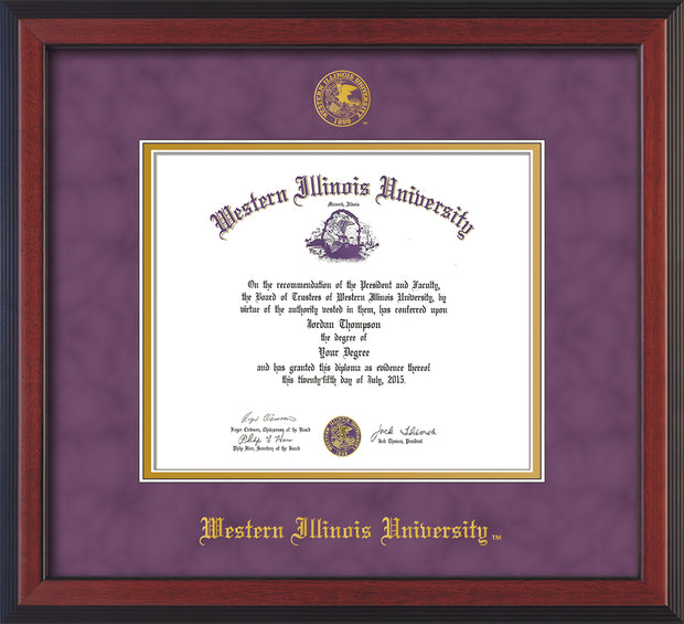 Image of Western Illinois University Diploma Frame - Cherry Reverse - w/Embossed Seal & Name - Purple Suede on Gold mats