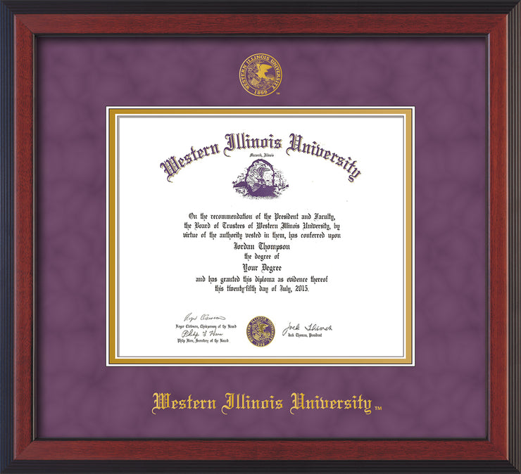 Image of Western Illinois University Diploma Frame - Cherry Reverse - w/Embossed Seal & Name - Purple Suede on Gold mats