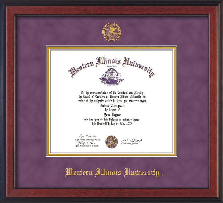 Image of Western Illinois University Diploma Frame - Cherry Reverse - w/Embossed Seal & Name - Purple Suede on Gold mats