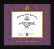 Image of Western Illinois University Diploma Frame - Flat Matte Black - w/Embossed Seal & Name - Purple Suede on Gold mats