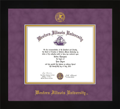 Image of Western Illinois University Diploma Frame - Flat Matte Black - w/Embossed Seal & Name - Purple Suede on Gold mats