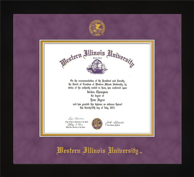 Image of Western Illinois University Diploma Frame - Flat Matte Black - w/Embossed Seal & Name - Purple Suede on Gold mats