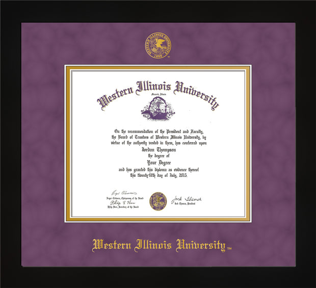 Image of Western Illinois University Diploma Frame - Flat Matte Black - w/Embossed Seal & Name - Purple Suede on Gold mats