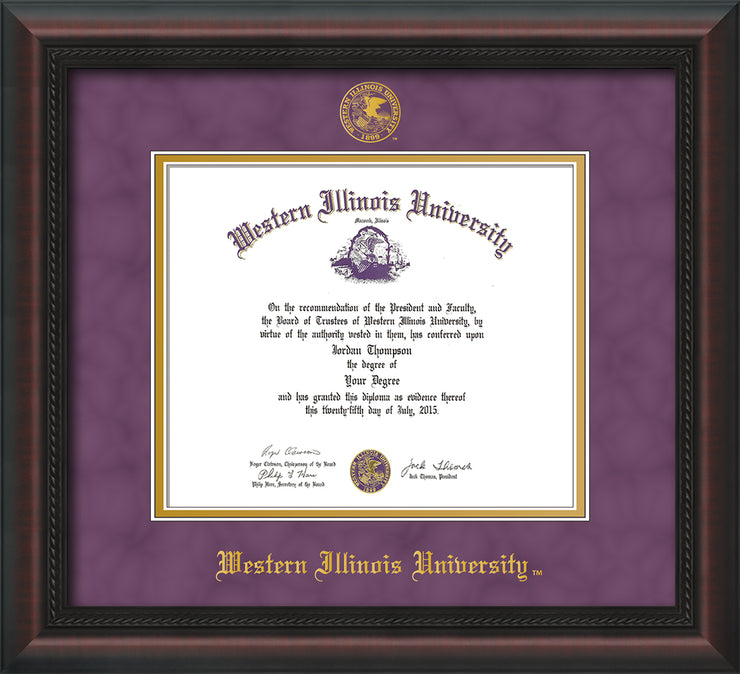 Image of Western Illinois University Diploma Frame - Mahogany Braid - w/Embossed Seal & Name - Purple Suede on Gold mats