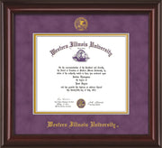 Image of Western Illinois University Diploma Frame - Mahogany Lacquer - w/Embossed Seal & Name - Purple Suede on Gold mats