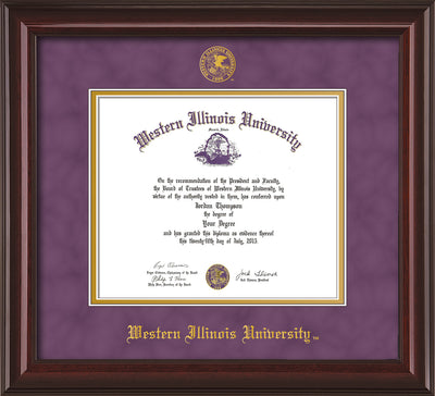 Image of Western Illinois University Diploma Frame - Mahogany Lacquer - w/Embossed Seal & Name - Purple Suede on Gold mats