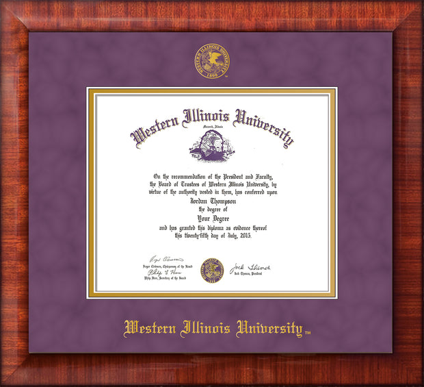 Image of Western Illinois University Diploma Frame - Mezzo Gloss - w/Embossed Seal & Name - Purple Suede on Gold mats