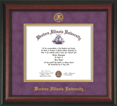 Image of Western Illinois University Diploma Frame - Rosewood - w/Embossed Seal & Name - Purple Suede on Gold mats