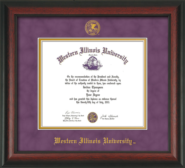 Image of Western Illinois University Diploma Frame - Rosewood - w/Embossed Seal & Name - Purple Suede on Gold mats